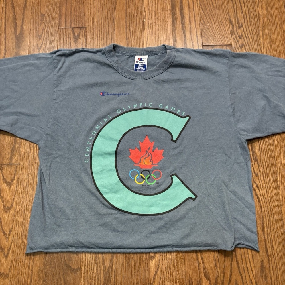 Vintage Champion Canada Olympic T Shirt Mens Large Oversized Blue Cropped Gym